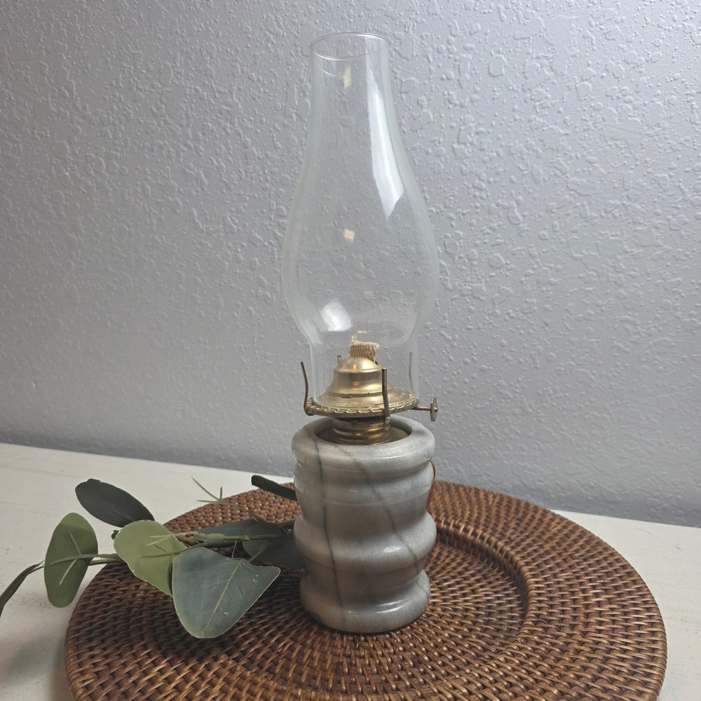 Vintage Sheridan Hand Crafted Quarry Marble Oil Lamp Grey White Brass Glass